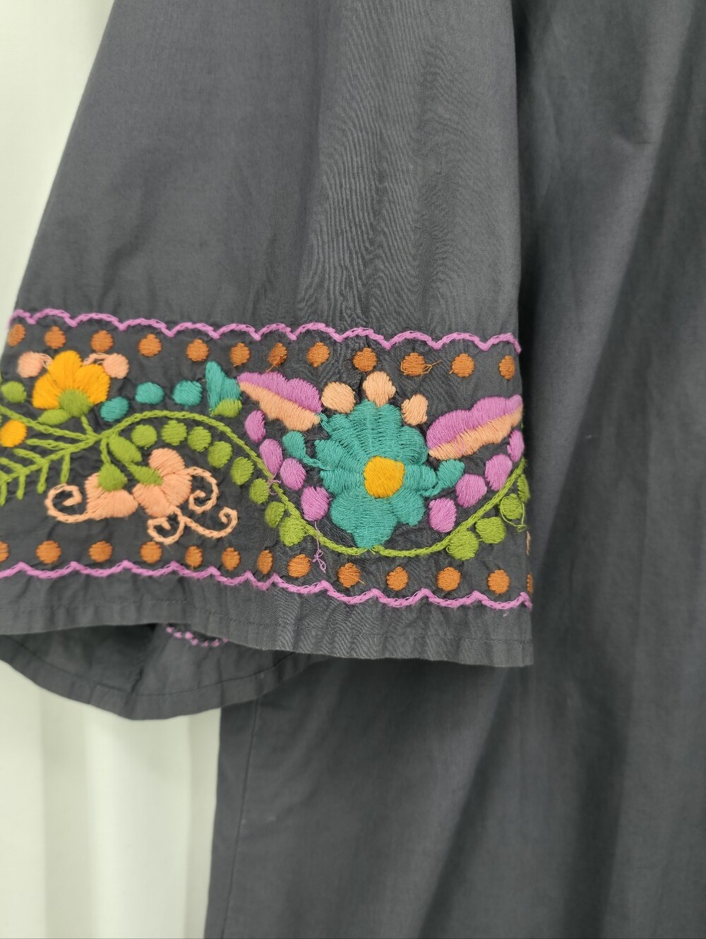Sister Mary Embroidered Cotton Tunic Dress Large Gray Boho Folk Floral Artisan - Picture 14 of 16
